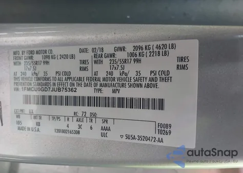 2018 Ford Escape Se from USA, damaged, VIN 1FMCU0GD7JUB75362